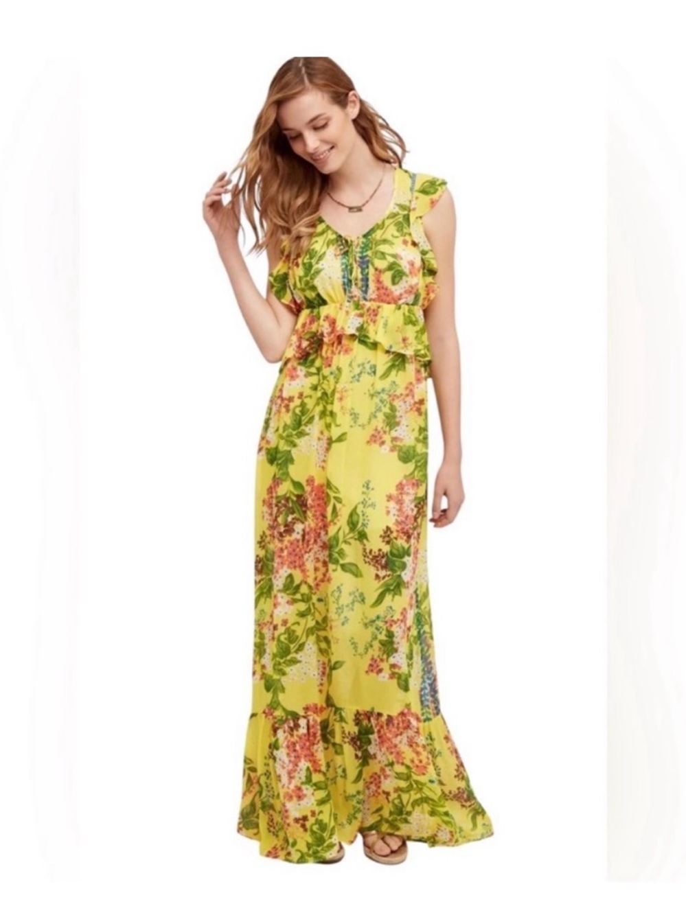 Anthropologie Plenty by Tracy Reese Yellow Floral Printed Chiffon Maxi